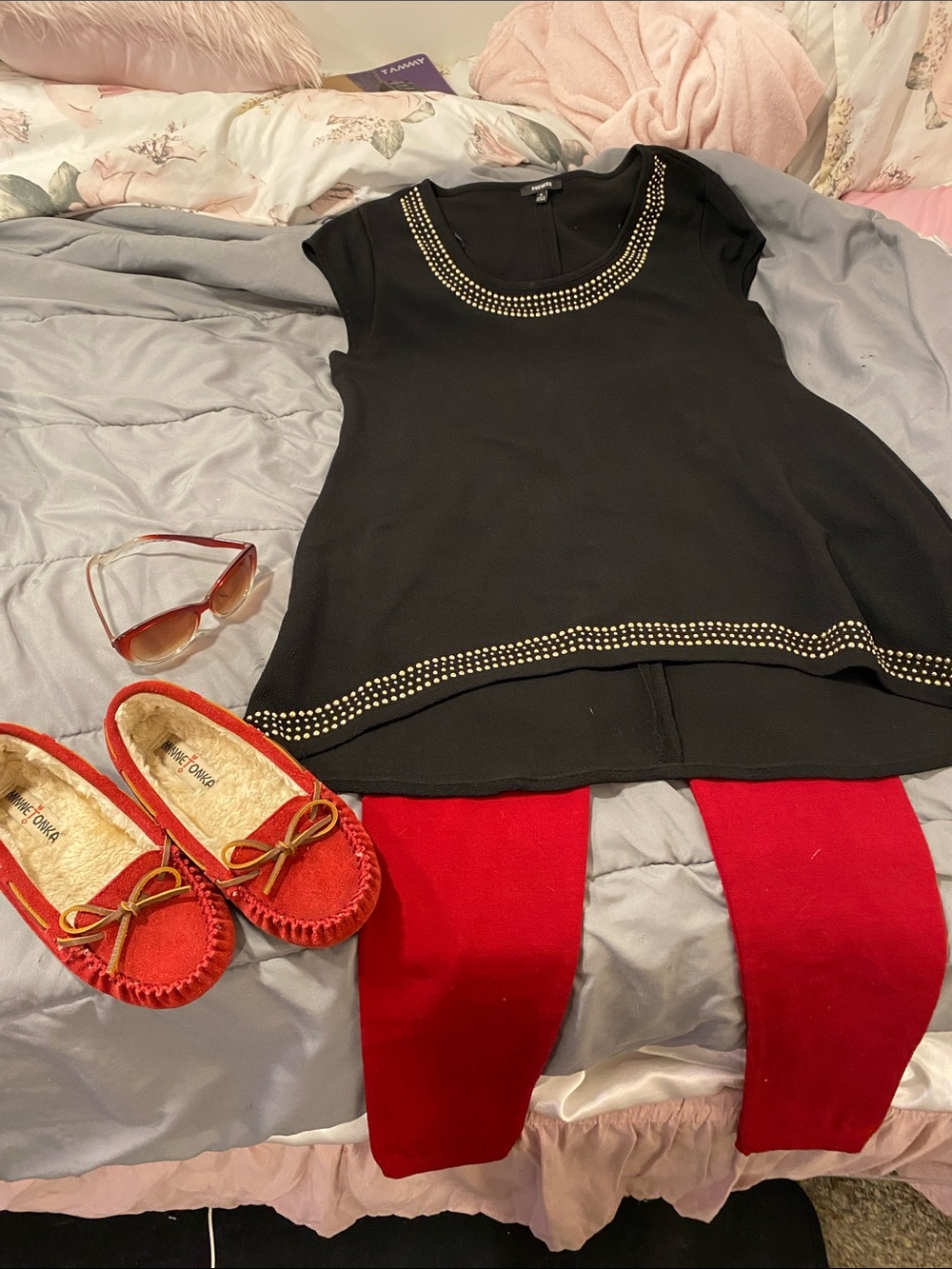 Bundle 4
Red moccasins with Black Studded Tunic,red stretchy pants,& red shades